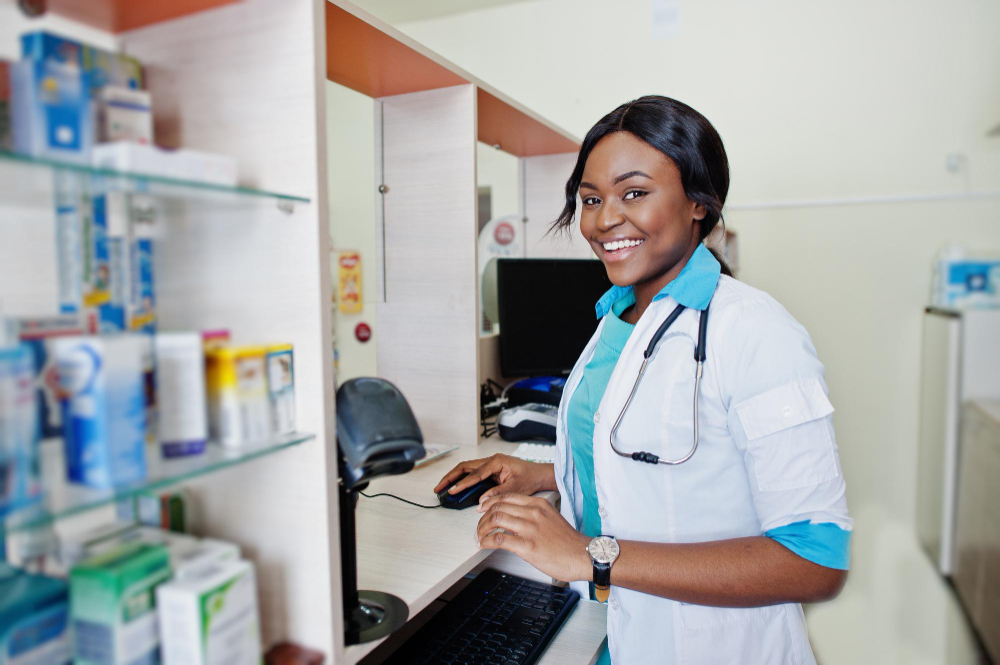 African American Pharmacist in the pharmacy image